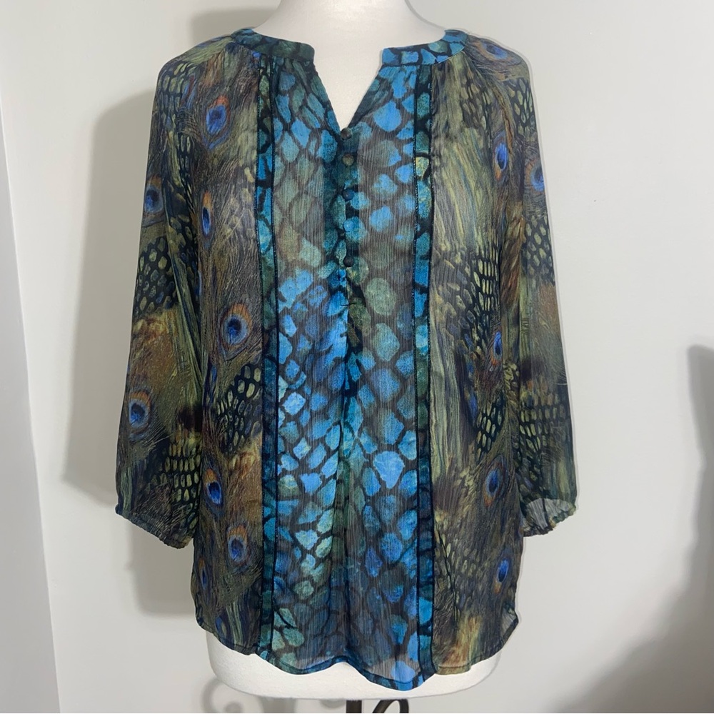 Zac & Rachel Sheer Peacock Print Blouse Blue Green Tan S Small
